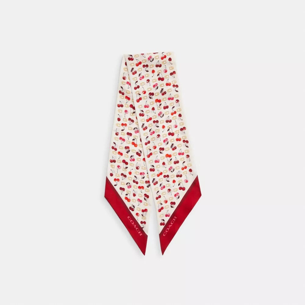 Bred, smal silkescarf med skulpterat C-mönster och körsbärsmotiv