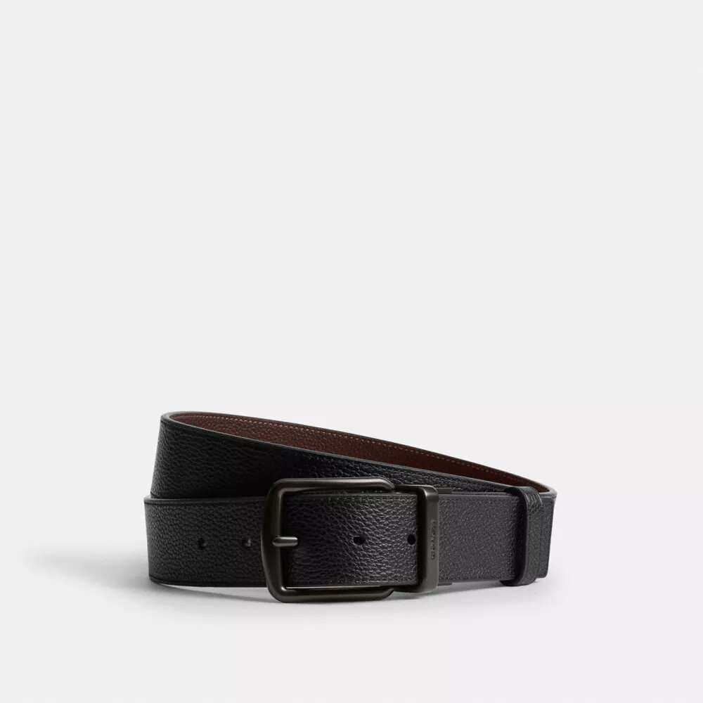 Skärp med plack och selespänne i låda, 38 mm, kan klippas till önskad längd och är vändbart