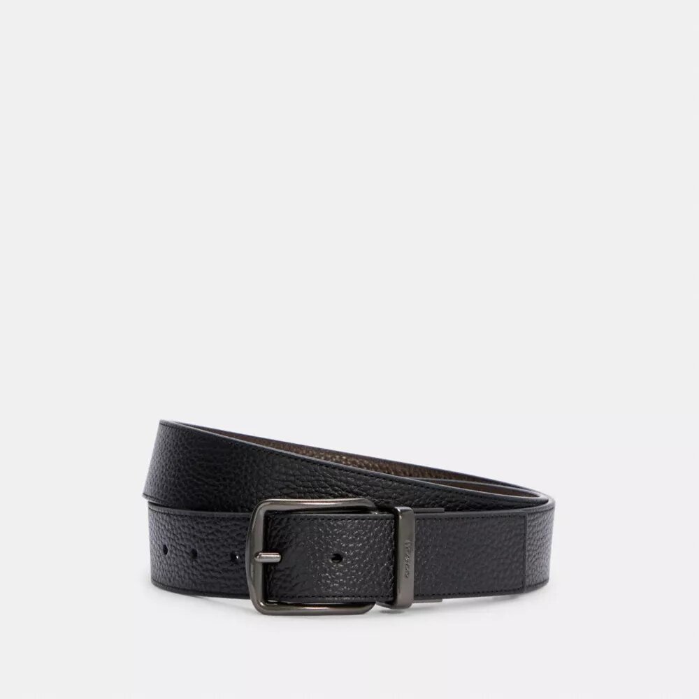 Skärp med spänne i låda, skuret efter mått och vändbart, 38 mm