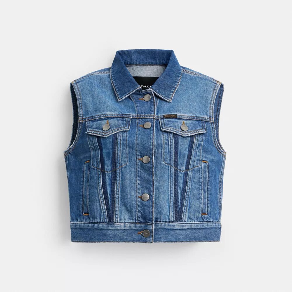 Västar i krympt denim i arbetsklädstil